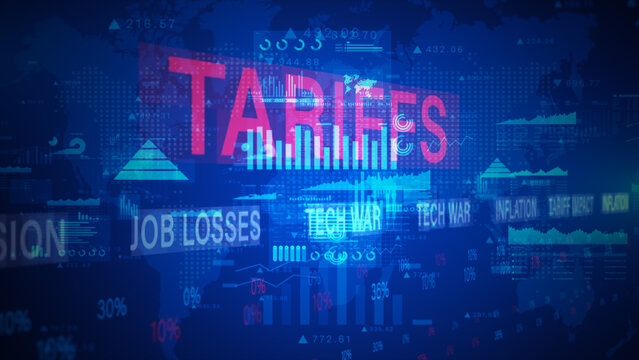 Futuristic digital world map showing tariffs, trade war, inflation, and recession impacts with data charts and economic indicators. 3d rendering