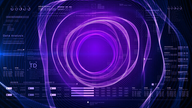 High-tech digital interface with circular purple data streams, AI terms, and futuristic HUD elements for digital data network and analytics concepts. 3d rendering