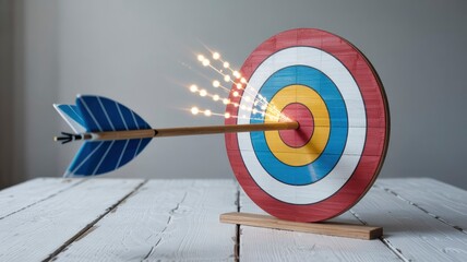 Bullseye Arrow Striking Target with Sparkling Light Burst