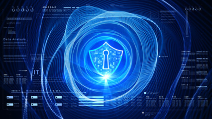 Blue digital shield with lock icon represents cybersecurity and data protection. Surrounded by data...