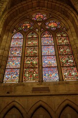 Stained glass window with diamond floral patterns in Catedral de Leon