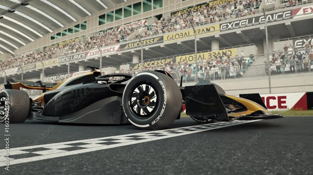 Poster side view of a generic formula one race car driving across the finish line in slow motion. 3d animat
