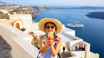 Happy moment young  asian  tourist girl eating ice cream in summer hot weather as round mirror...
