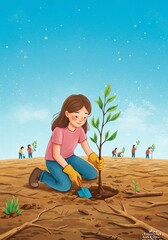 Girl Plants a Tree Volunteering for a Green Future Together