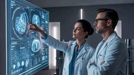Medical Professionals Examining Detailed Blue Imaging Data On Screen Display In Modern Laboratory Setting - Powered by Adobe