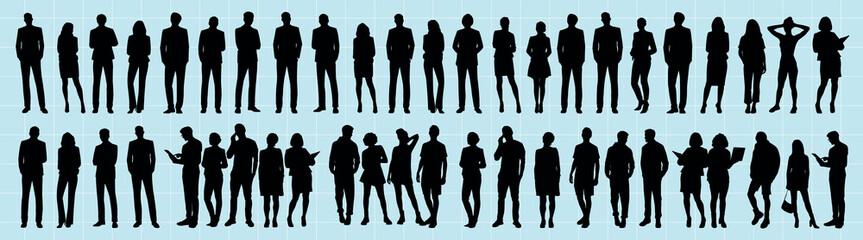 Silhouettes of diverse people in various poses. Group of men and women, standing and gesturing. Silhouettes of diverse people, business attire, various poses. People silhouettes, vector set.