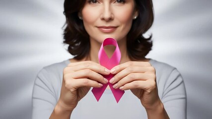 Middle Aged Woman Holding Pink Ribbon Symbolizing Breast Cancer Awareness in Studio