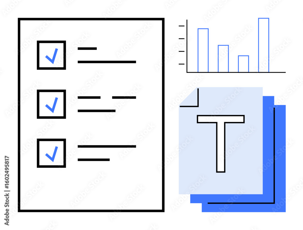 Poster checklist with completed tasks, bar graph, and text documents representing productivity, data analys