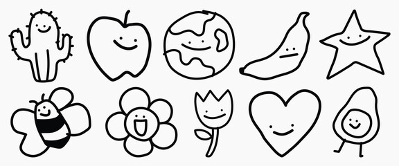 Cute doodles of smiling objects: cactus, apple, earth, banana, star, bee, flower, tulip, heart, avocado. Fun, simple, happy designs for all ages. Cute doodle icons vector set.