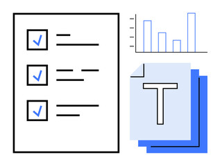 Checklist with completed tasks, bar graph, and text documents representing productivity, data analysis, project management, goal tracking, reporting, planning and organization. Ideal for business