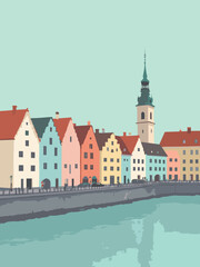 Fototapeta premium Wrocław – Market Square’s colorful gabled houses and river bank in pastel mint, peach blush, lagoon blue, and cobblestone gray