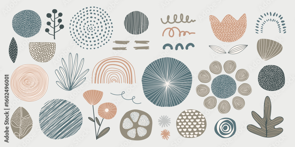 Poster abstract shapes and patterns in earthy tones. circles, flowers, and lines create a modern, artistic 