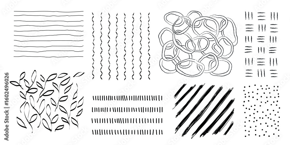 Poster Abstract patterns on brown background. Patterns include lines, loops, and leaves. Repeated abstract patterns create a dynamic visual effect. Patterns vary in style. Element vector set.