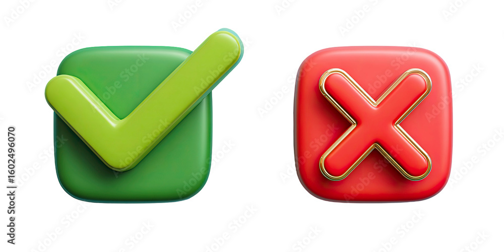 Poster green check mark and red cross 3d icons on transparent background