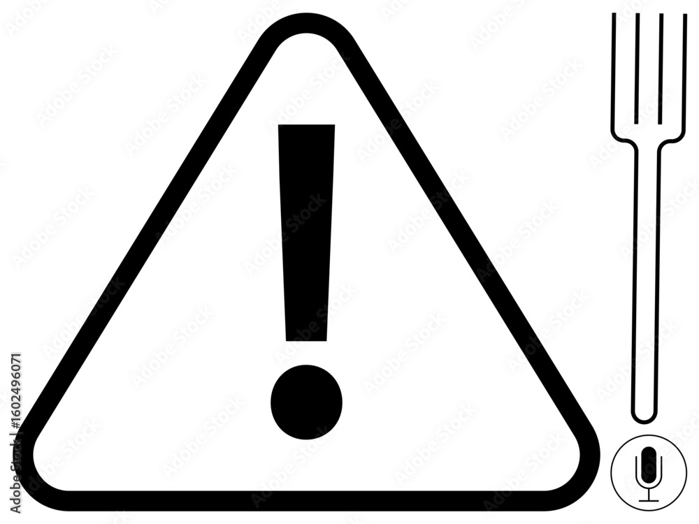 Aufkleber exclamation mark inside triangle warning icon paired with fork and microphone symbols. ideal for saf