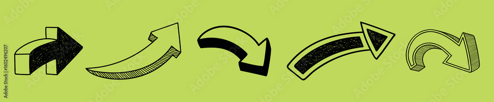 Poster various black arrows on a green background. arrows pointing in different directions. arrows in 3d an