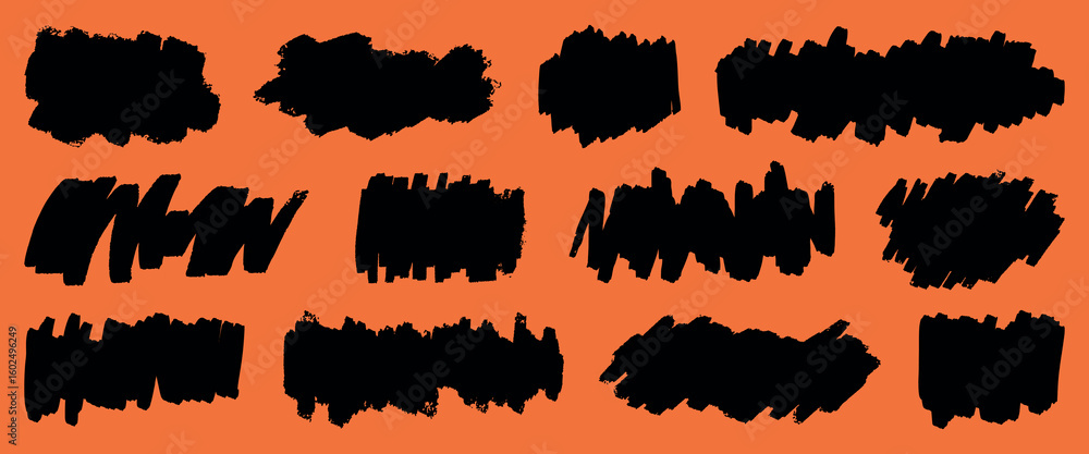 Poster abstract black brush strokes on an orange background. bold brush strokes create dynamic patterns. br
