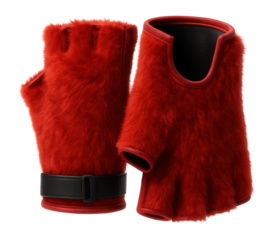 Fingerless gloves in red faux fur with a soft, fluffy texture
