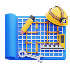 Architectural Blueprint with Tools and Hat