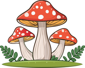 Cartoon illustration of three vibrant red and white mushrooms with green foliage.