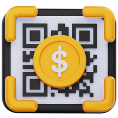 QR Payment 3D Icon – Dollar Coin with QR Scan Code