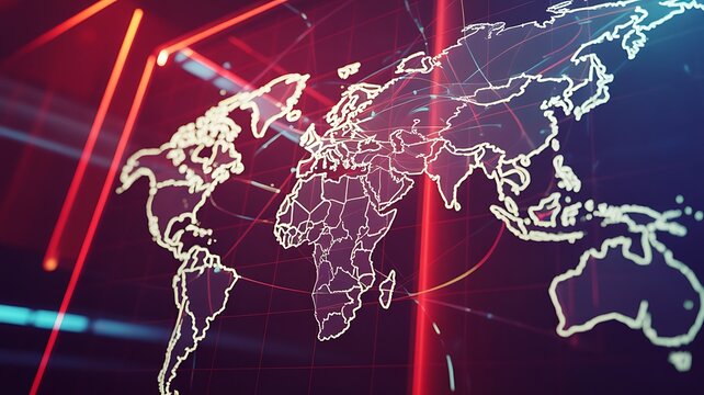 Futuristic digital world map with glowing continents on a gridded background. Abstract red and blue light streaks represent global network connections and modern data transmission.
