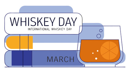 A vibrant illustration celebrating International Whiskey Day in March, featuring a glass of whiskey and colorful books.