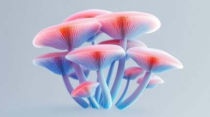 18.A futuristic design of gradient-colored mushrooms with neon pink-to-blue caps, thin elegant stems, and a soft shadow effect. The gray background provides contrast while maintaining a clean and
