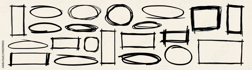 Poster collection of hand-drawn black frames. sketchy, irregular shapes. oval and rectangular frames. black