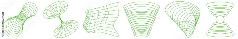Poster green wireframe shapes in various forms. wireframe patterns, wireframe designs, and wireframe struct