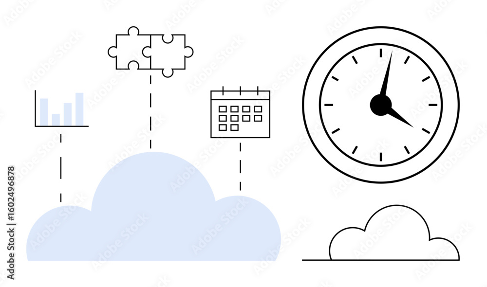 Poster cloud integrating a clock, calendar, puzzle, and chart, representing time management, scheduling, an