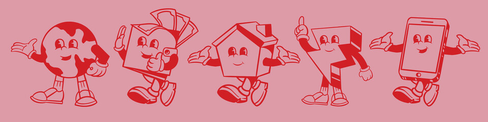 Cartoon characters of a globe, book, house, number, and phone, all smiling and walking. Red outlines on a pink background. Fun, playful, and educational theme. Cute cartoon elements, vector set.