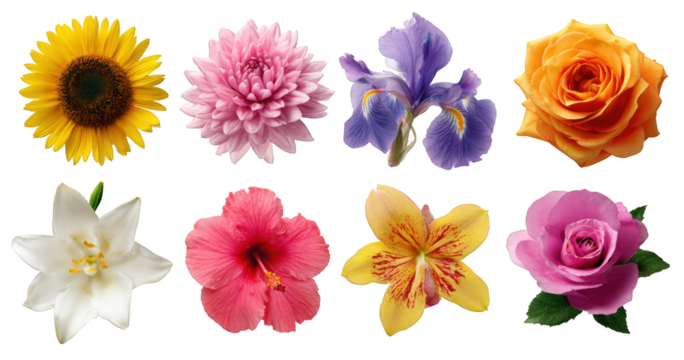 Various bright flowers including sunflower iris lily hibiscus chrysanthemum and roses Isolate