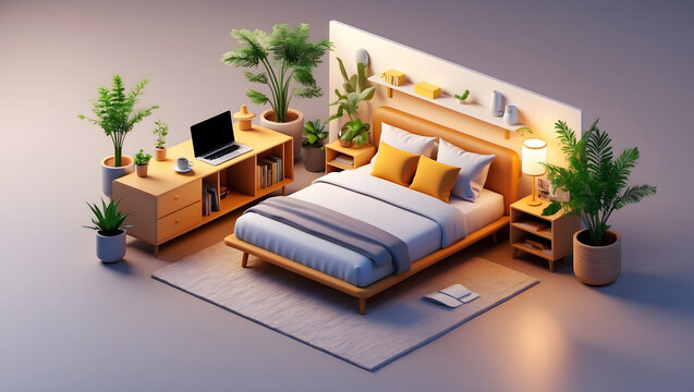 3d illustration of a sunlit bedroom featuring a workspace and a cozy bed surrounded by plants and a warm inviting atmosphere