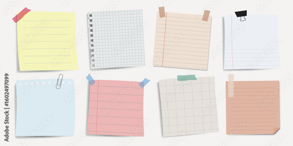 Poster a collection of colorful sticky notes and notepads with lined and grid patterns, featuring adhesive 