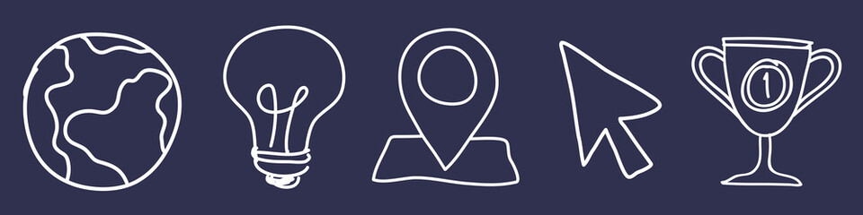 Line icons on a dark background: globe, lightbulb, map pin, cursor, trophy. Simple, minimalist design with globe, lightbulb, map pin, cursor, trophy. Hand drawn business elements, vector set.