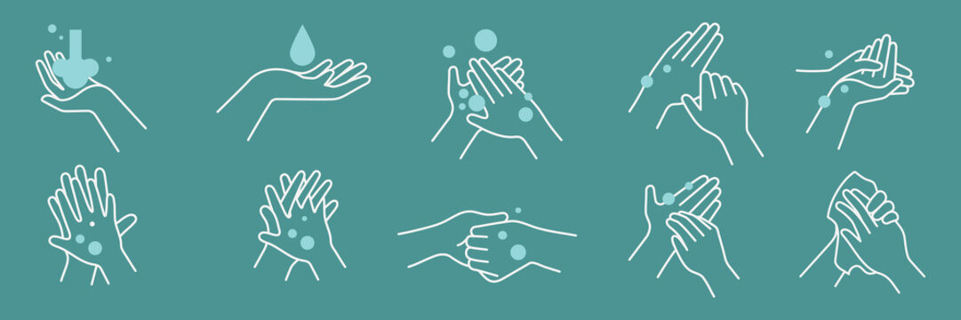 Illustration of handwashing steps with soap and water. Handwashing guide with bubbles. Clean hands with soap. Handwashing steps for hygiene. Hygiene illustrations, vector set.