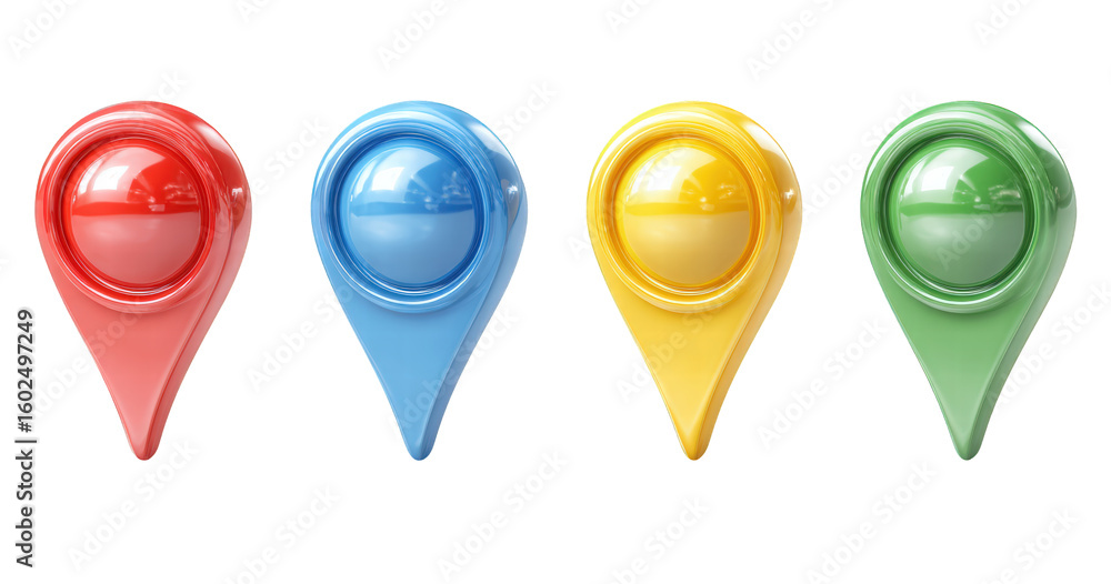 Fototapete four glossy 3d map pointer icons aligned horizontally distinct red blue yellow green colors