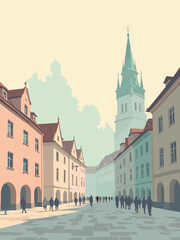 Obraz premium Lviv – Market Square façades in pastel hues and Gothic spire under early morning mist in peach pink, mint green, dove gray, and cobblestone brown