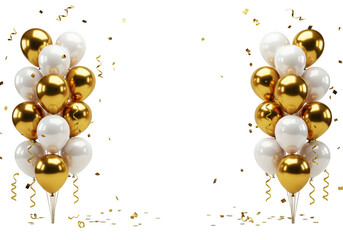 Gold and white balloons with confetti isolated on transparent background