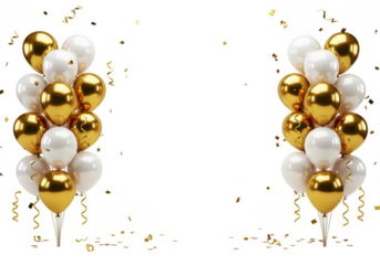 Gold and white balloons with confetti isolated on transparent background