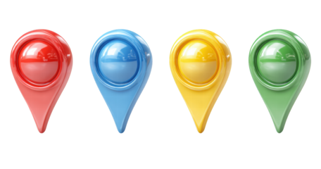 Four glossy 3D map pointer icons aligned horizontally Distinct red blue yellow green colors