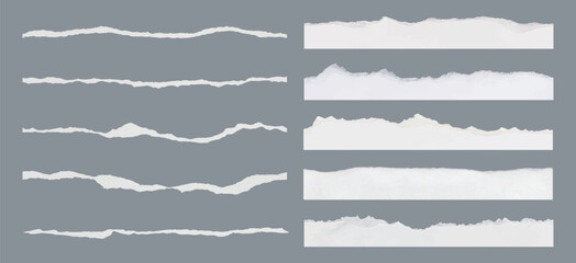 Set of torn paper edges on a gray background. Torn paper textures in various shapes. Torn paper strips create a rough, textured look. Torn paper for design use. Ripped element set. Vectors.