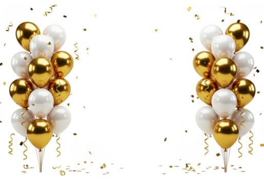 Gold and white balloons with confetti isolated on transparent background