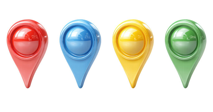 Four glossy 3D map pointer icons aligned horizontally Distinct red blue yellow green colors