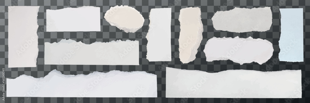 Poster collection of torn paper pieces on a transparent background. various shapes and sizes of ripped pape