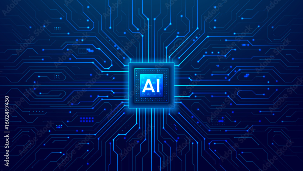 Poster ai chip with light glowing neon frame on circuit board. technology ai blue background. artificial in