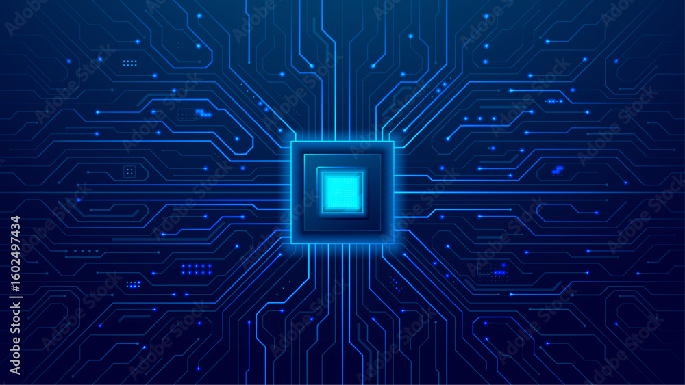 Poster quantum cpu ai chip on blue circuit board background. light gloving computer core and circuit compon