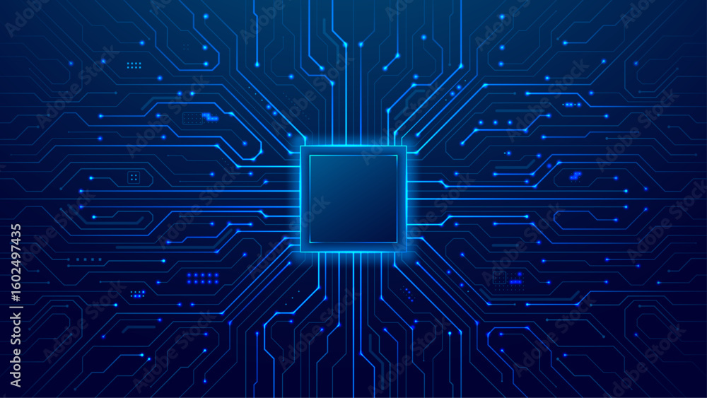 Poster cpu with light glowing neon frame on circuit board. technology semiconductor on blue background. emp
