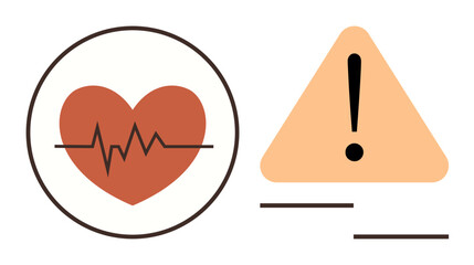 Heart with heartbeat line in circular frame alongside alert symbol in triangular warning sign. Ideal for healthcare, medical emergency, awareness, critical condition, diagnosis, safety, and caution